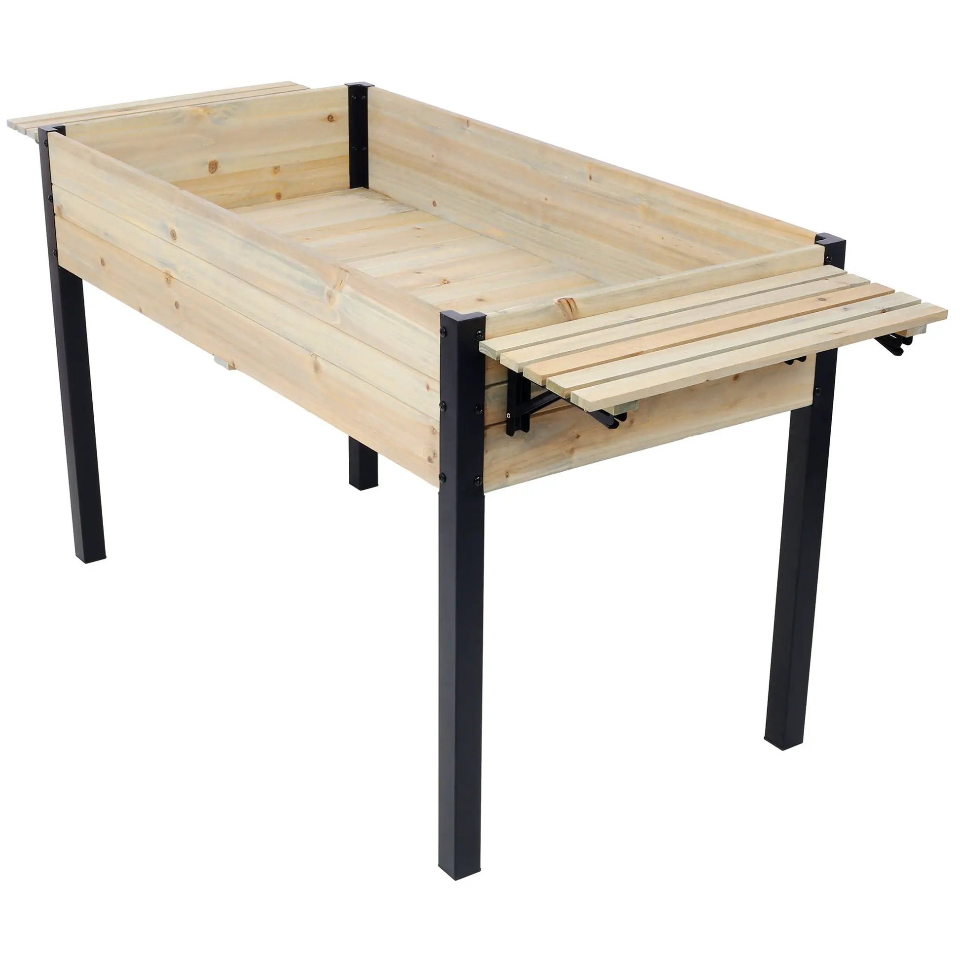 Raised garden bed planter with natural wood slats, black metal legs, folding storage shelf on Tampa Home & Garden Store