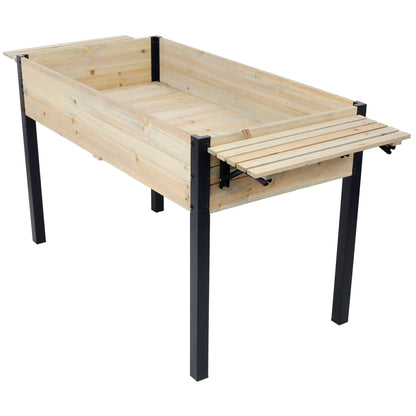 Raised garden bed planter with natural wood slats, black metal legs, folding storage shelf on Tampa Home & Garden Store