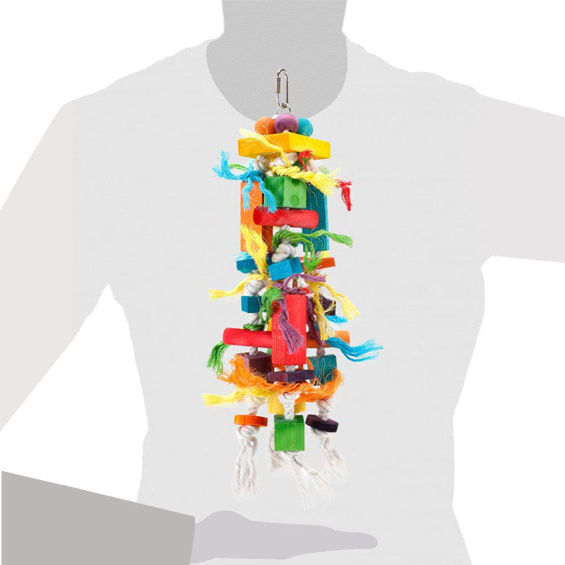 Wooden color nibbling toy for medium to large parrots with colorful blocks and rope on Tampa Home & Garden Store