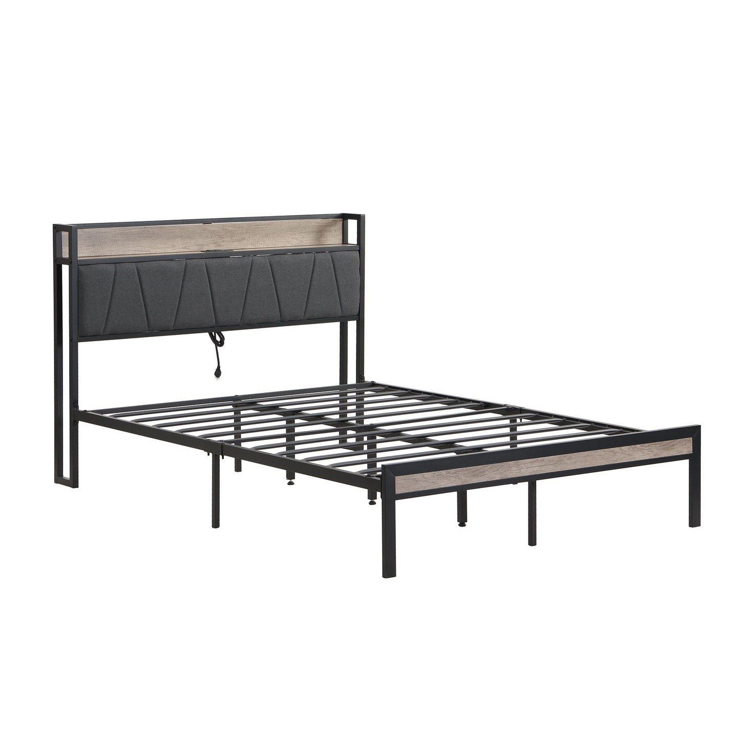 Storage bed frame with upholstered dark gray headboard, black metal frame and wood panel on Tampa Home & Garden Store