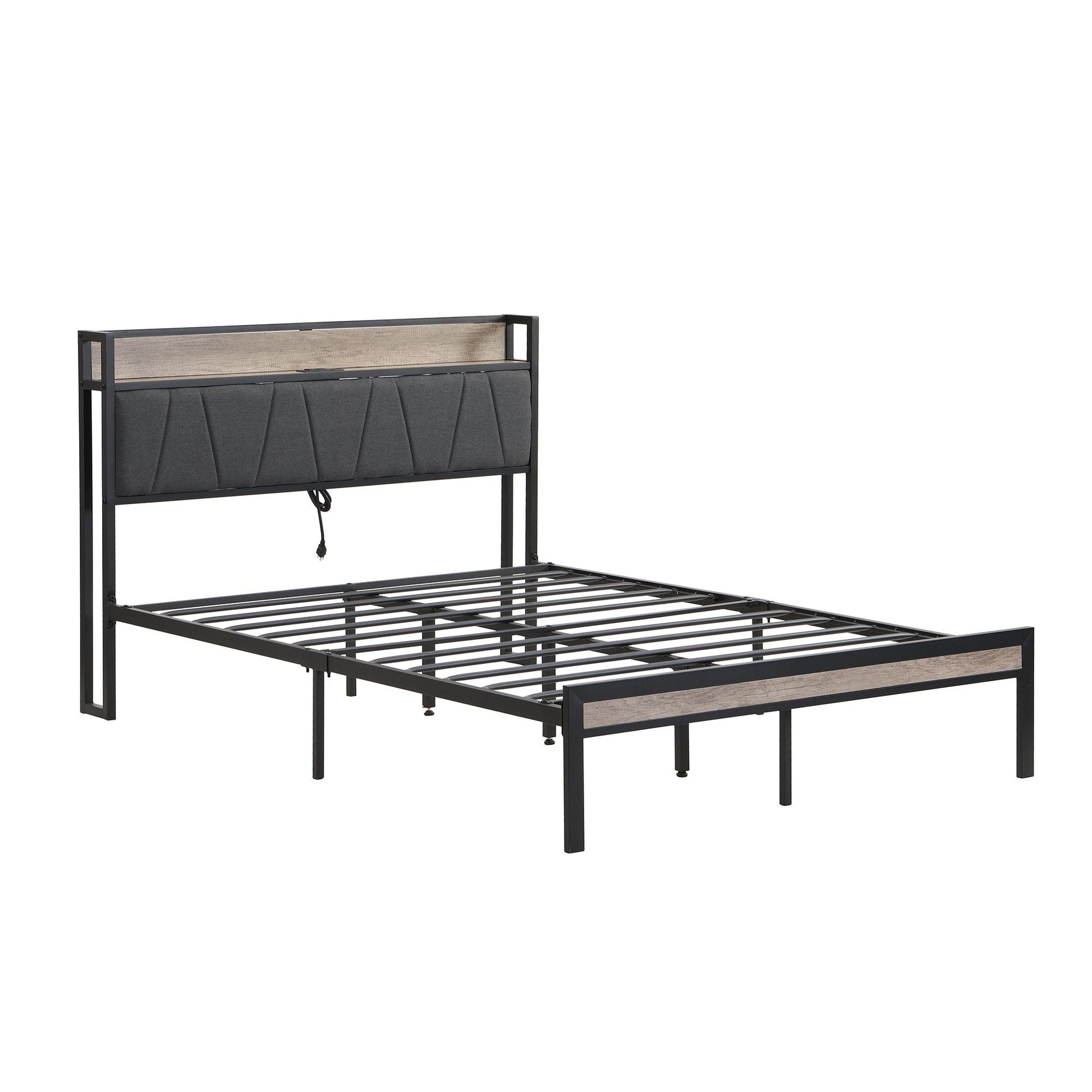 Storage bed frame with upholstered dark gray headboard, black metal frame and wood panel on Tampa Home & Garden Store