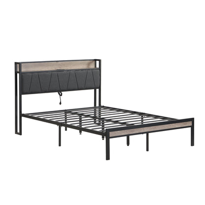 Storage bed frame with upholstered dark gray headboard, black metal frame and wood panel on Tampa Home & Garden Store