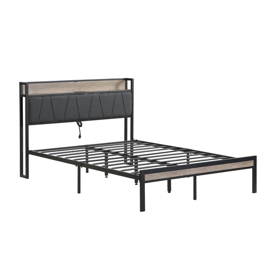 Storage bed frame with upholstered dark gray headboard, black metal frame and wood panel on Tampa Home & Garden Store