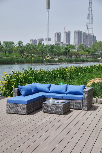 Patio sofa set with blue cushions on gray wicker, 4-piece lounge by Unique Piece Furniture on Tampa Home & Garden Store