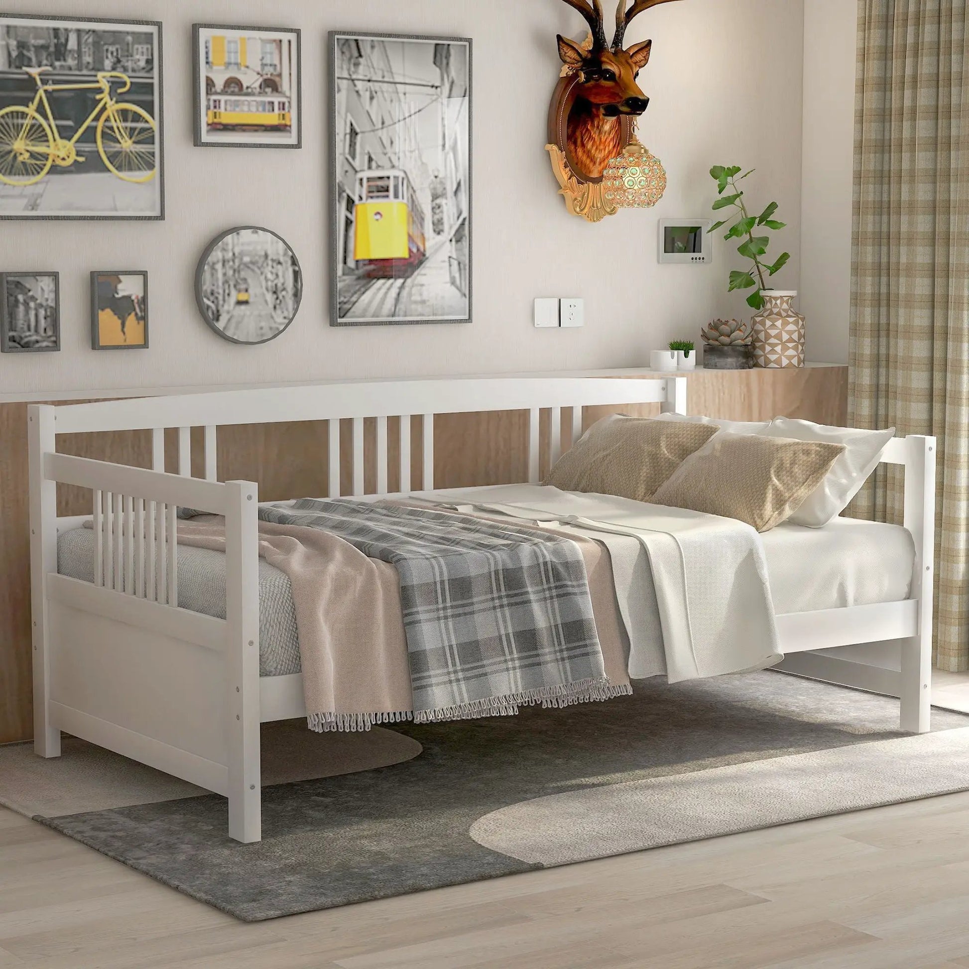 Multifunctional modern daybed with white wooden frame and storage sides in a bedroom on Tampa Home & Garden Store