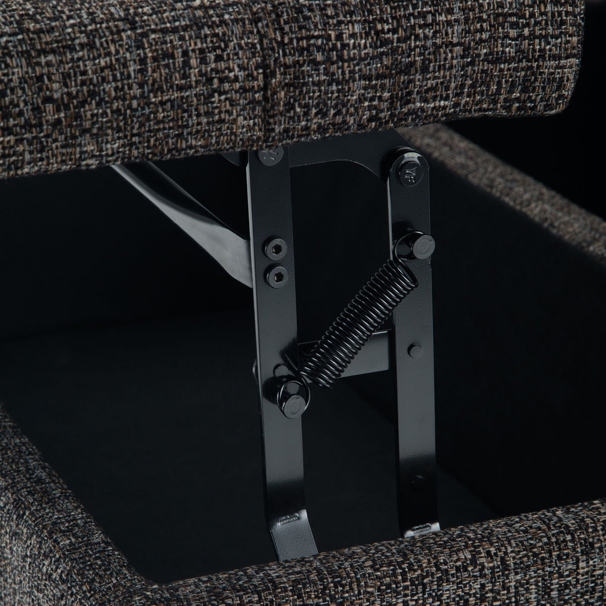Harrison tufted lift-top storage ottoman brown tweed fabric with metal underside hardware on Tampa Home & Garden Store