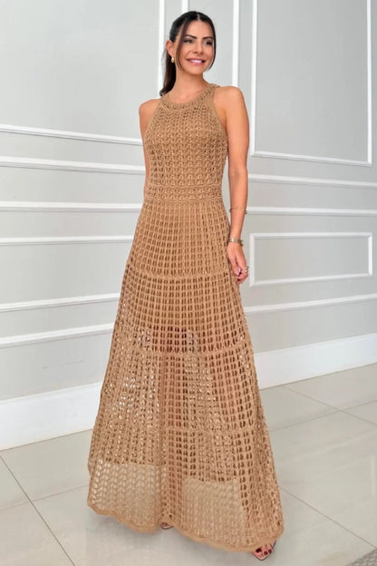 Beige sleeveless crochet halter-neck maxi dress with openwork lattice pattern floor-length on Tampa Home & Garden Store