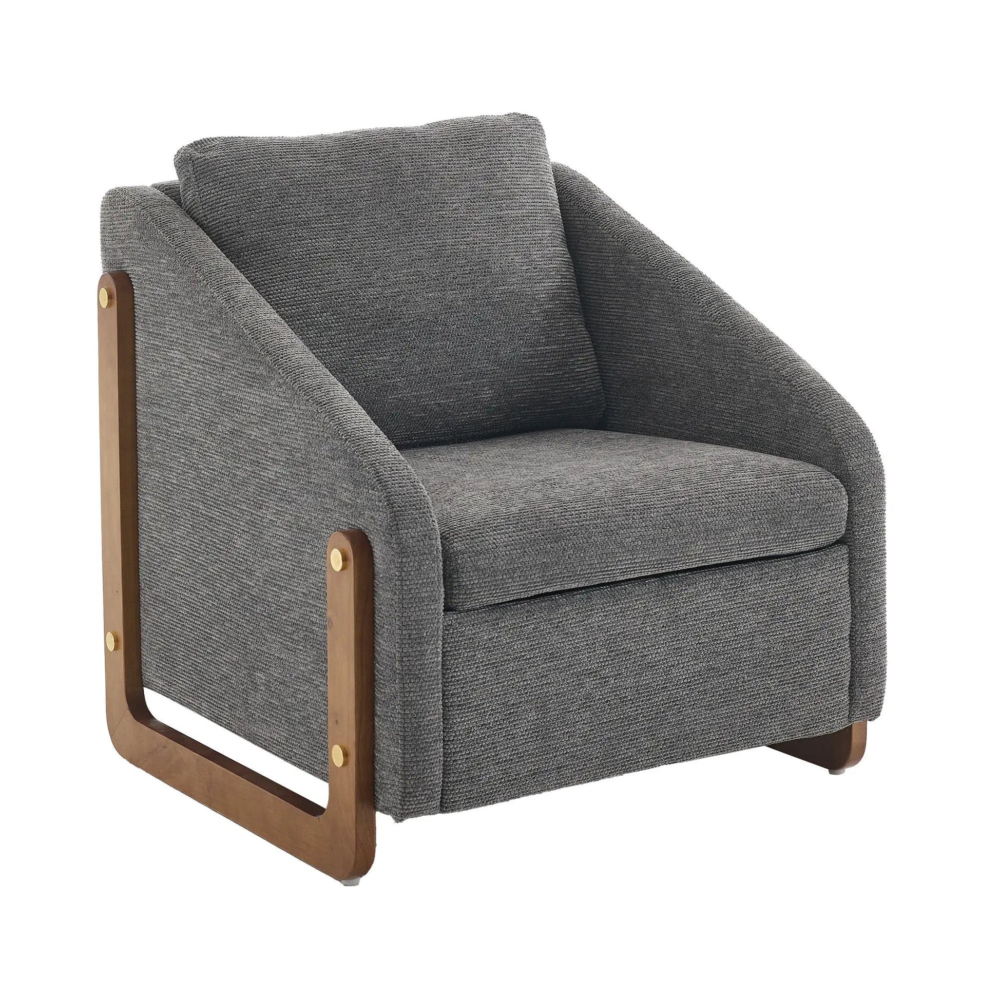 Modern upholstered armchair with wooden side frame in gray textured fabric on Tampa Home & Garden Store