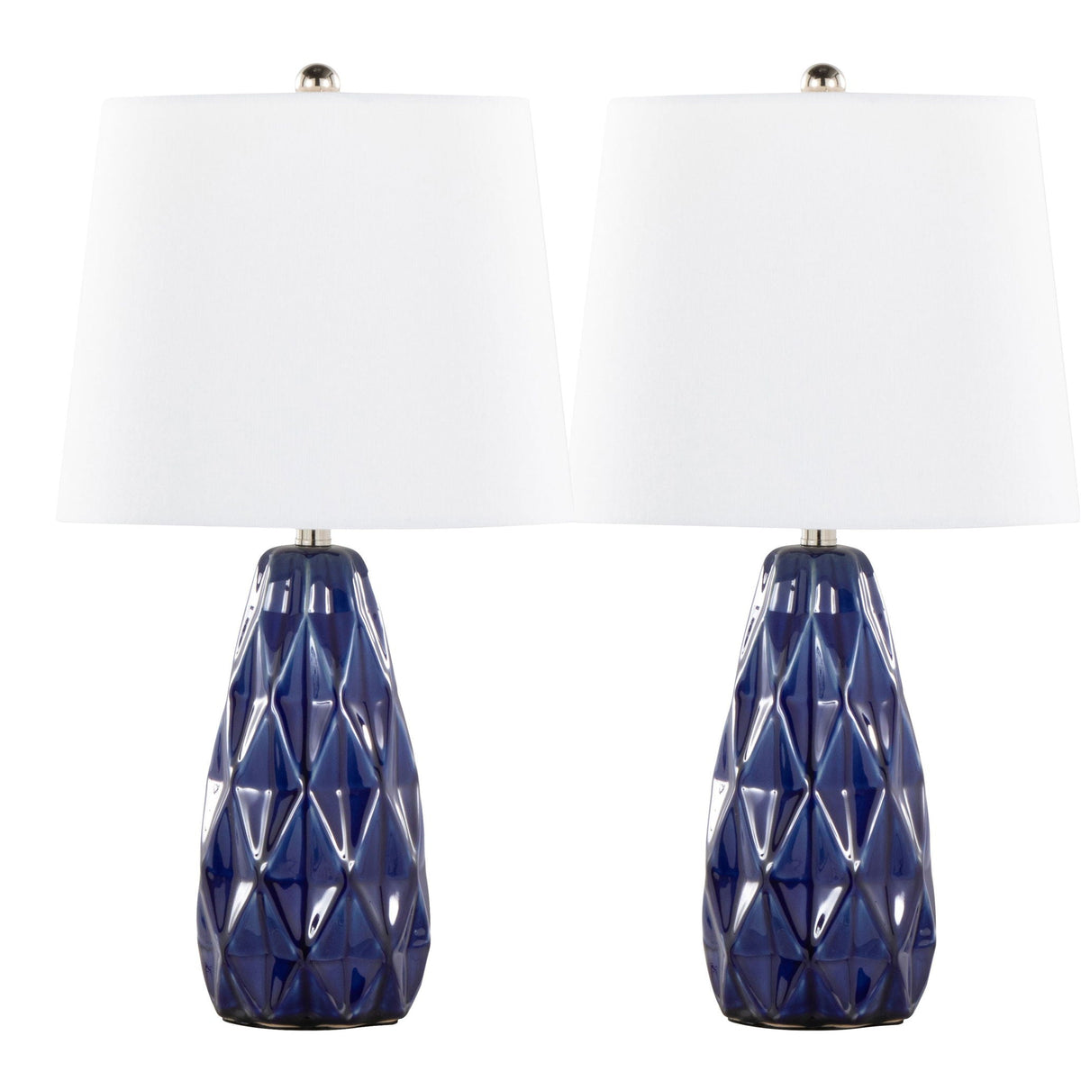 Hex contemporary lamp set of 2 with cobalt blue faceted glass bases and white shades on Tampa Home & Garden Store