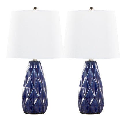 Hex contemporary lamp set of 2 with cobalt blue faceted glass bases and white shades on Tampa Home & Garden Store