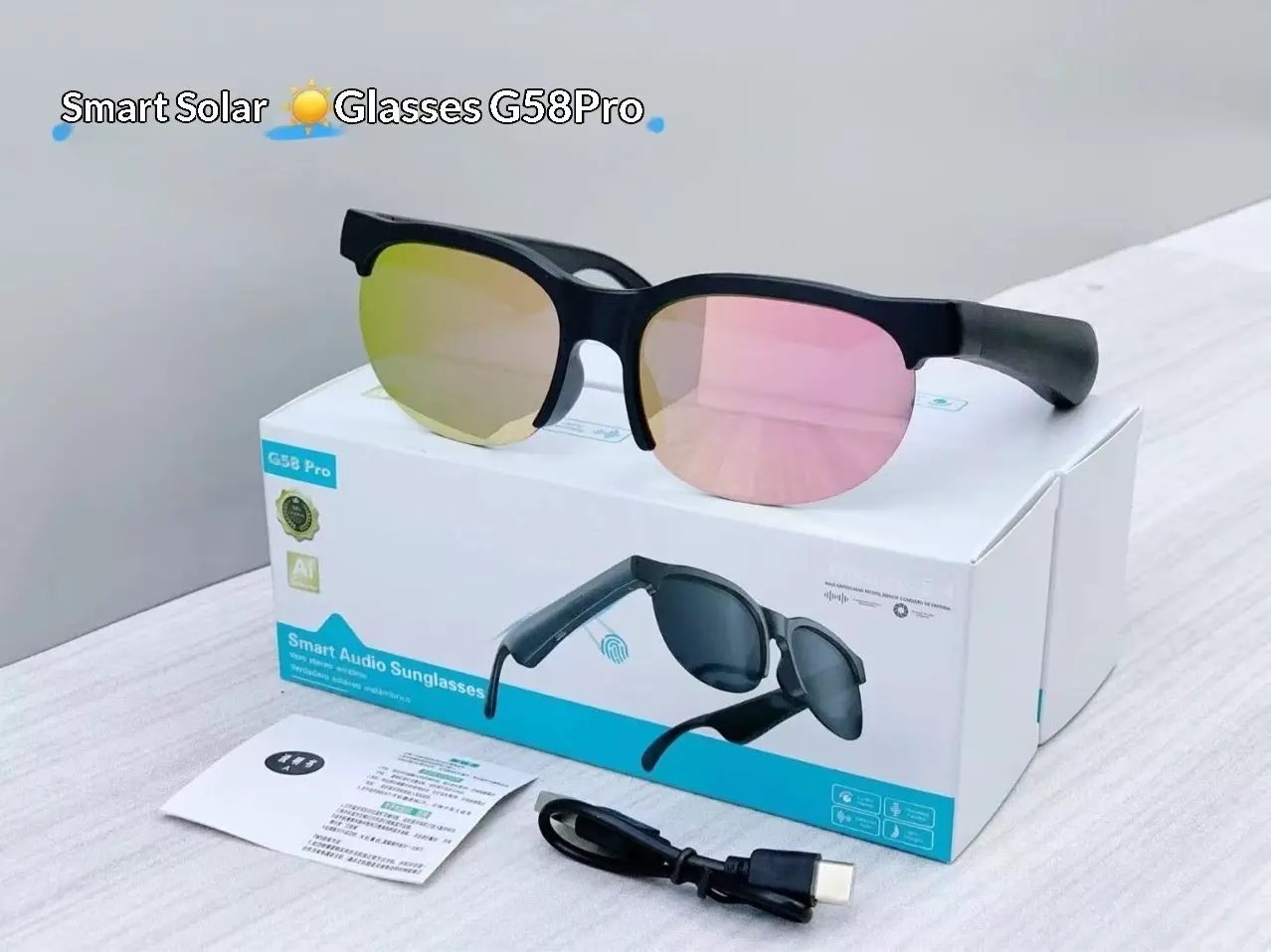 AI-Powered Bluetooth Earphone Glasses with black frame and rainbow lenses, G58 Pro sunglasses on Tampa Home & Garden Store