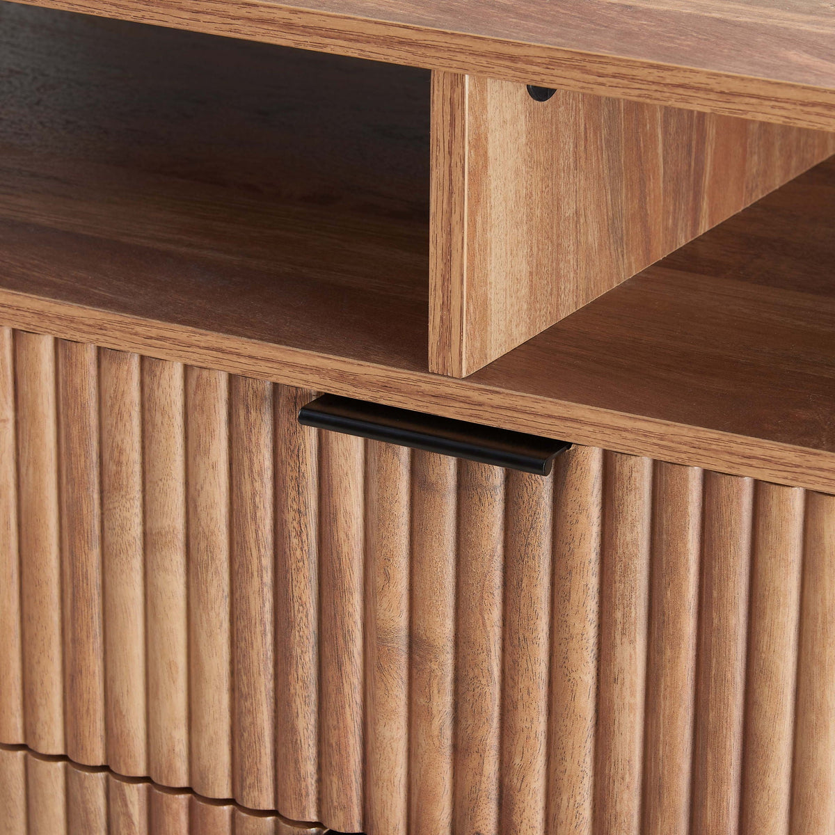 Fluted TV stand with storage, brown oak wood finish and black metal legs on Tampa Home & Garden Store