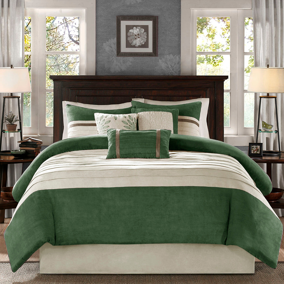 7 Pc Faux Suede Comforter Set Green Queen by HouseOfZazla with green and beige striped comforter on Tampa Home & Garden Store
