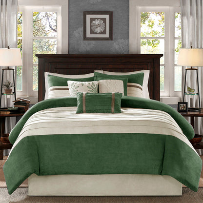 7 Pc Faux Suede Comforter Set Green Queen by HouseOfZazla with green and beige striped comforter on Tampa Home & Garden Store