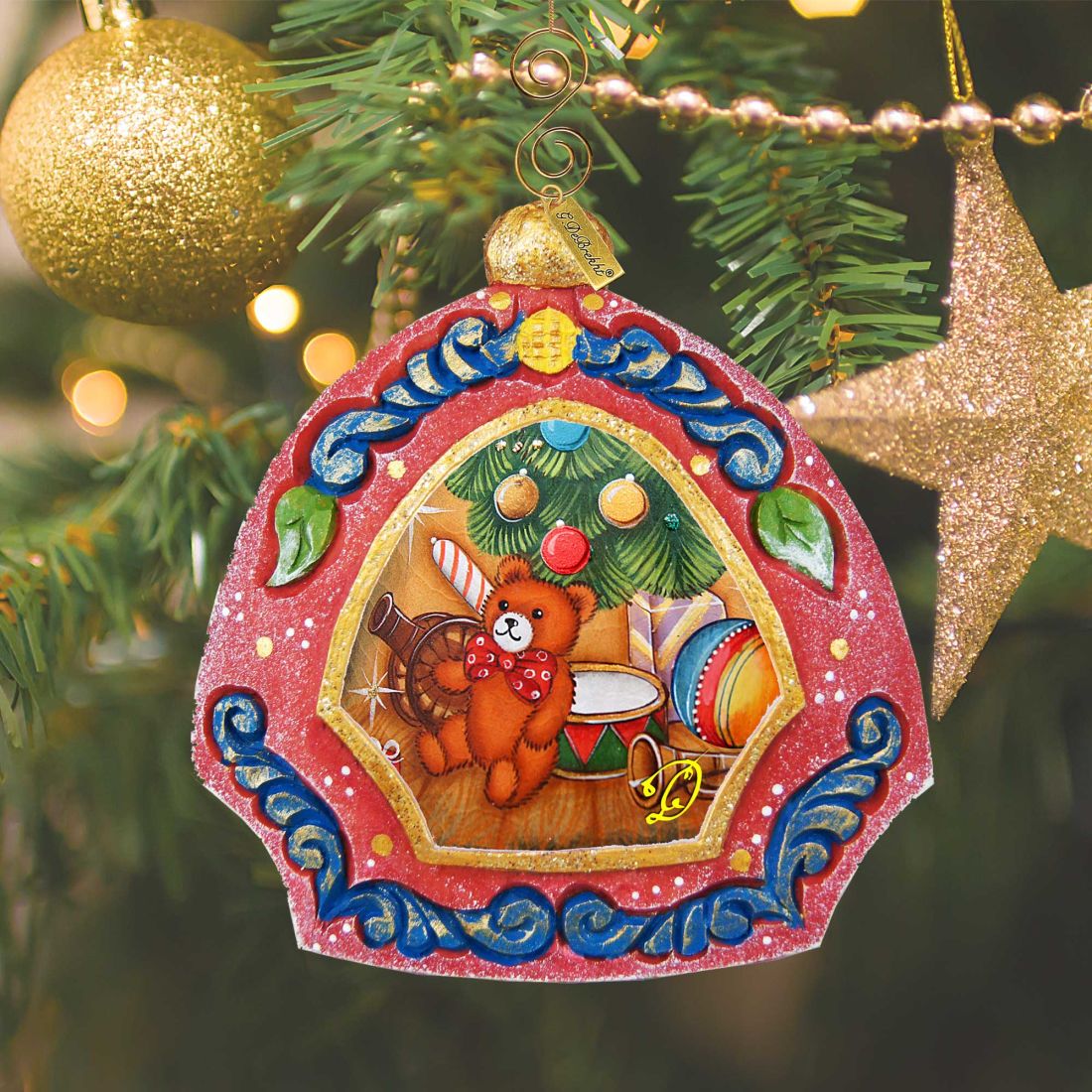 Teddy Bear Medallion Ornament by G.DeBrekht sculpted hand-painted in red ornate frame on Tampa Home & Garden Store