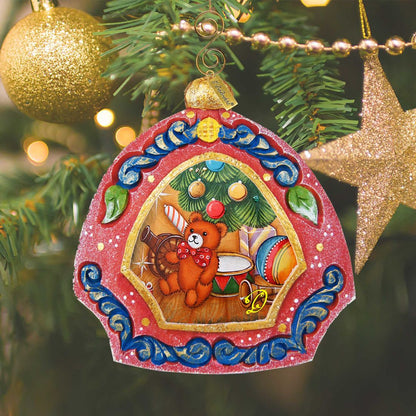 Teddy Bear Medallion Ornament by G.DeBrekht sculpted hand-painted in red ornate frame on Tampa Home & Garden Store