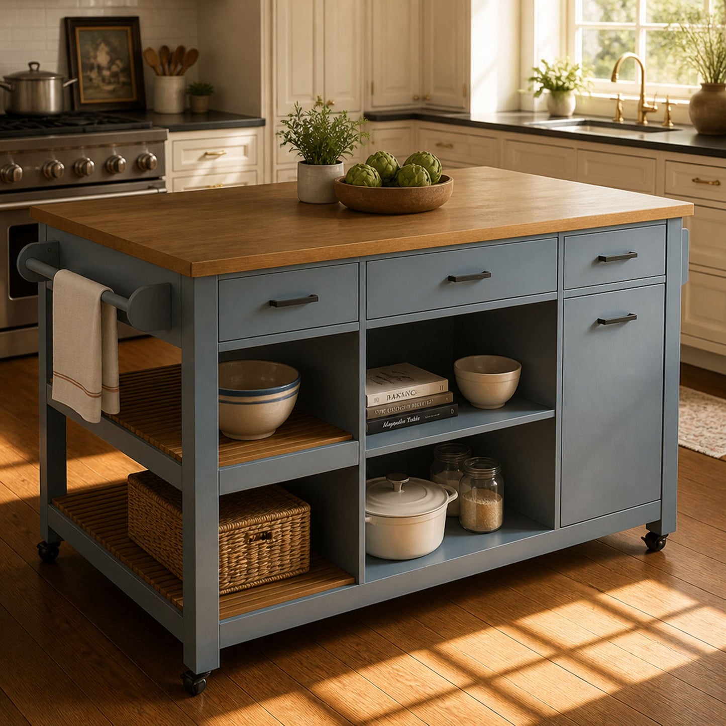 52in Kitchen Island Cart with Rubber Wood Top, blue-gray base by HouseOfZazla on Tampa Home & Garden Store