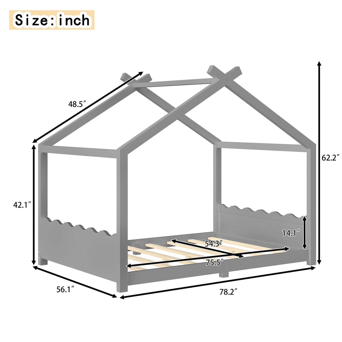 Full House Floor Bed with Support Slats by HouseOfZazla gray wood frame with roofline and slats on Tampa Home & Garden Store