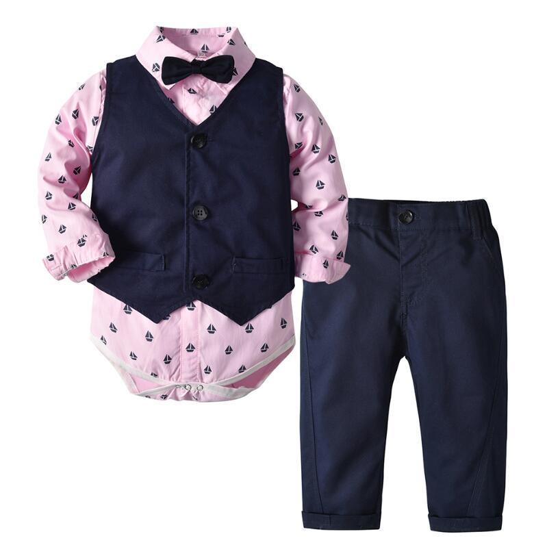 4pc baby boy formal outfit: pink sailboat-print bodysuit, navy vest, navy pants, bow tie Stevvex on Tampa Home & Garden Store