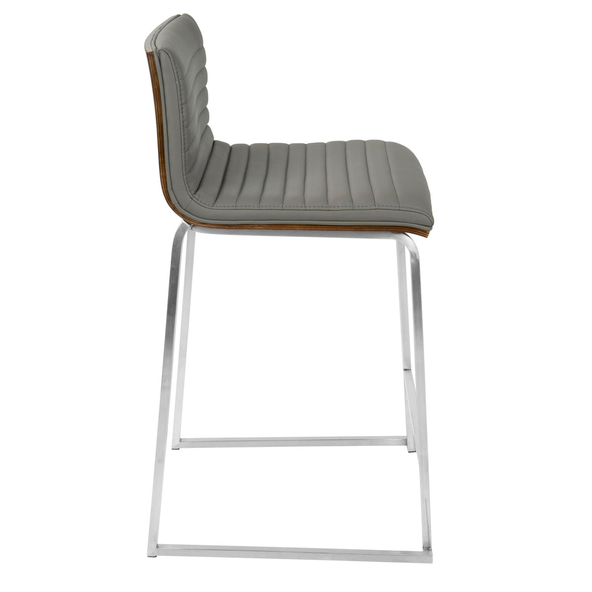 Counter stool set of 2 with tufted gray faux leather seats and back, wood trim and chrome legs on Tampa Home & Garden Store