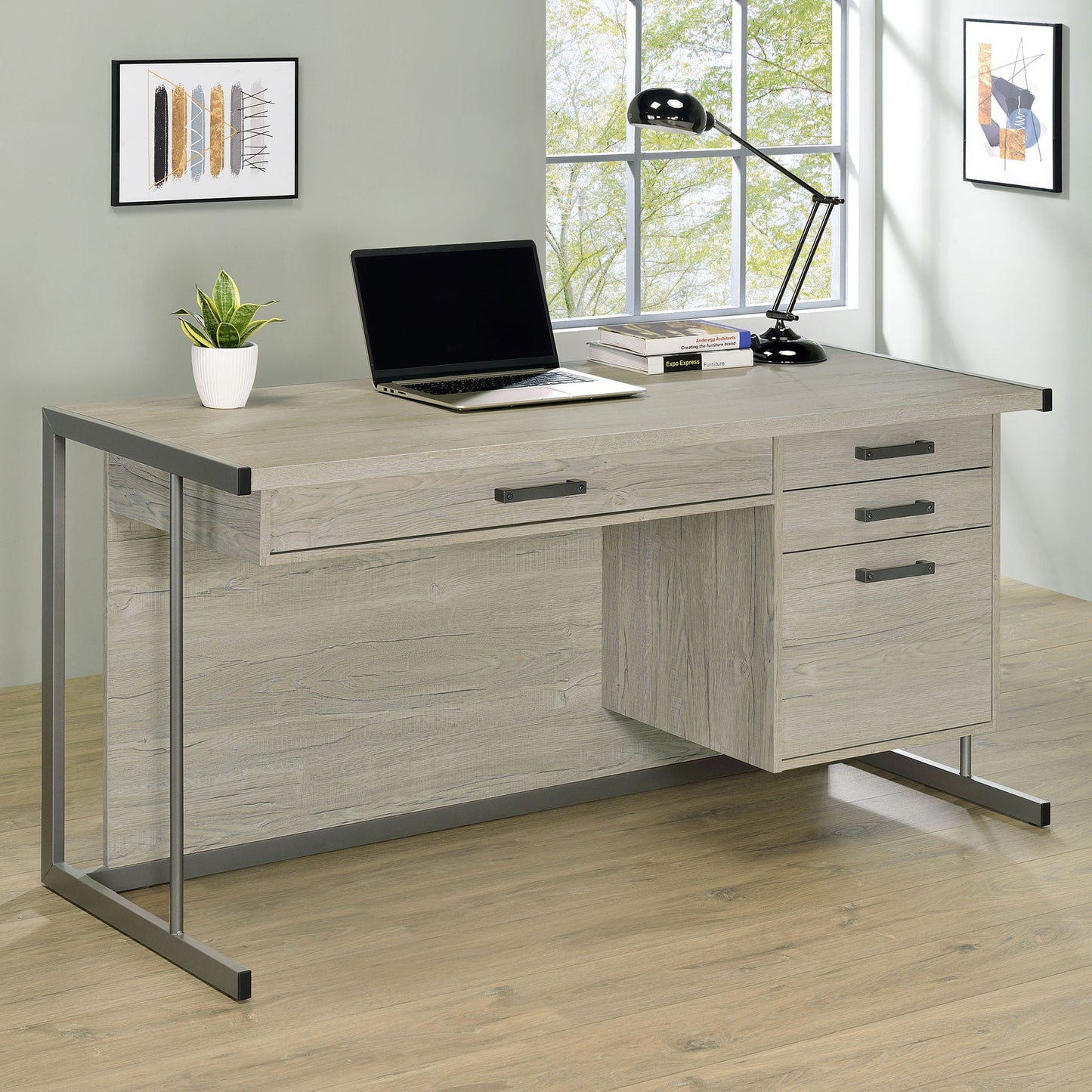 Brisley office desk with adjustable keyboard tray and 3-drawer storage in beige/gray wood on Tampa Home & Garden Store