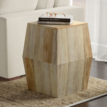 Hexagonal mango wood side table in natural light brown finish with kiln-dried durability on Tampa Home & Garden Store