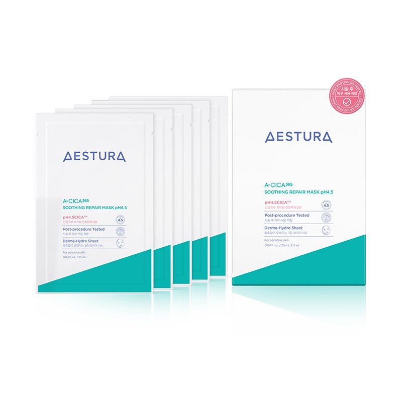 Facial mask A-CICA365 by AESTURA, 5x25ml, Seoulia, white pack with teal diagonal accent on Tampa Home & Garden Store