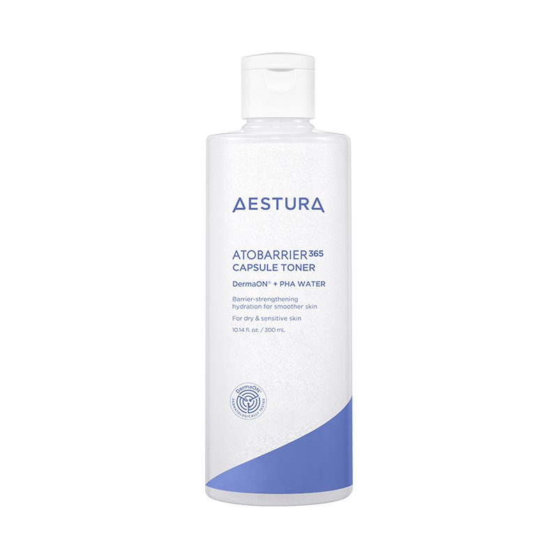 AESTURA Atobarrier 365 Capsule Toner bottle, white with blue curved label, 300 ml on Tampa Home & Garden Store