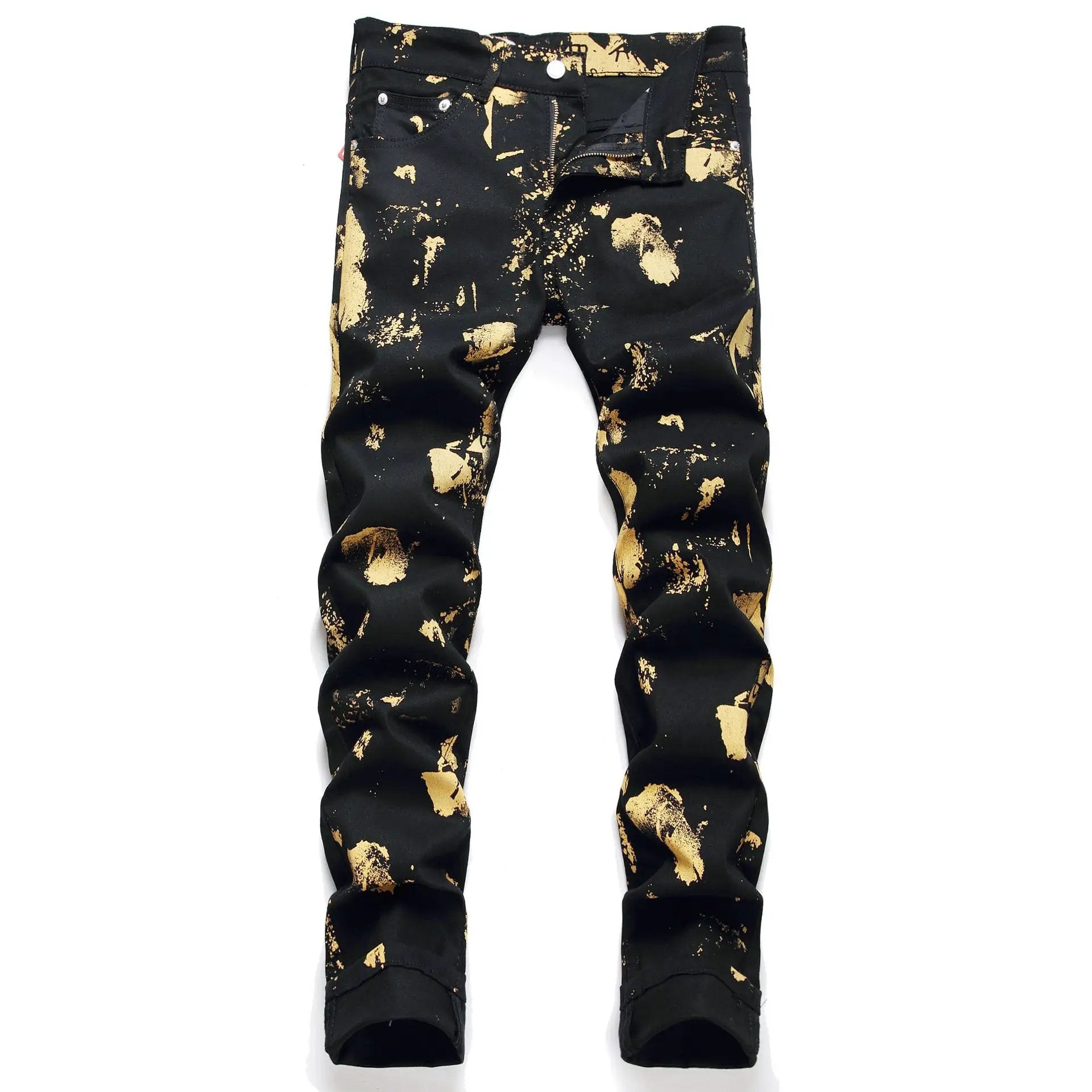 Street Mid Waist Men's Jeans with gold paint-splatter print in black denim FLIPSTYLEZLLC on Tampa Home & Garden Store