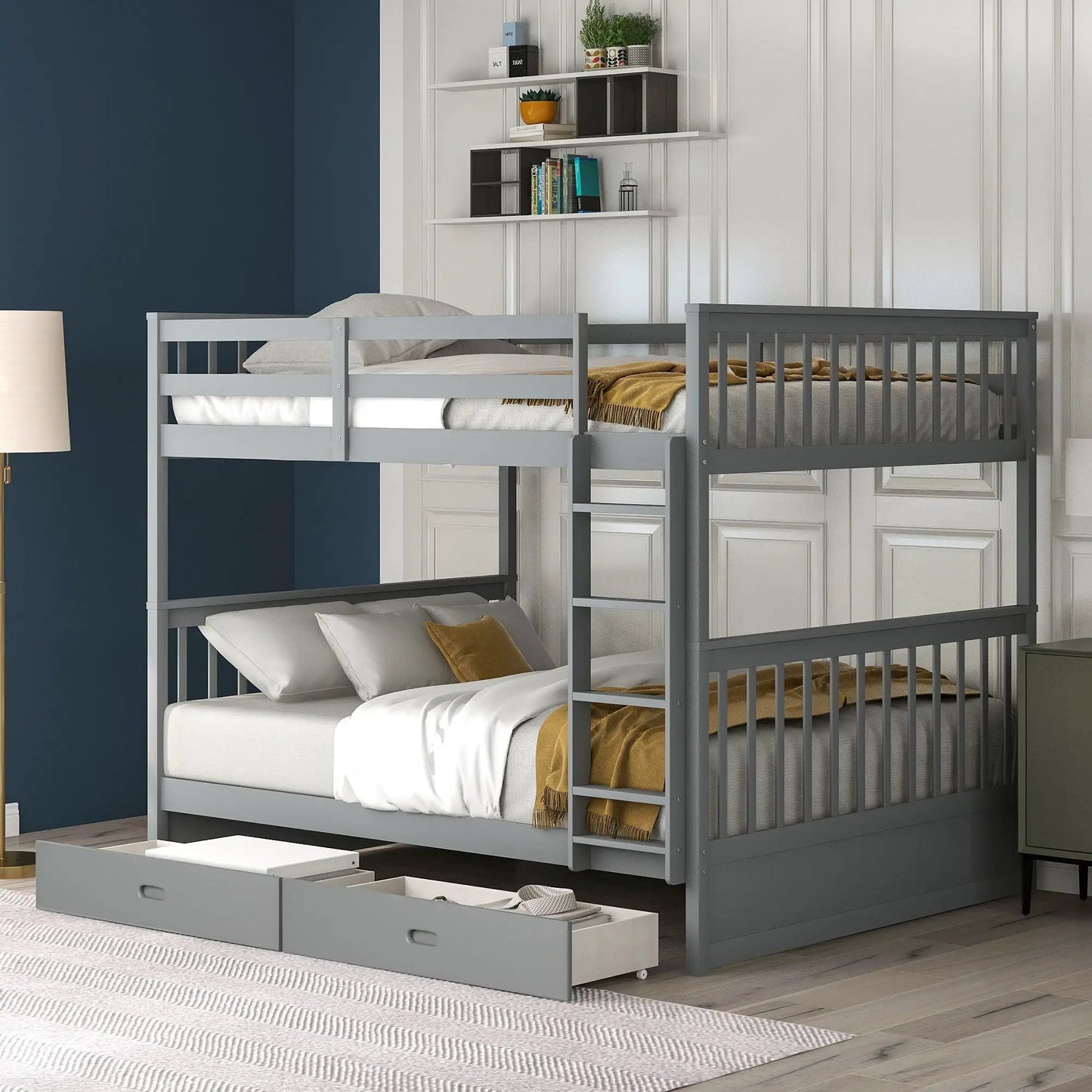 Bunk bed with ladders, gray metal frame, 2 storage drawers by Unique Piece Furniture on Tampa Home & Garden Store