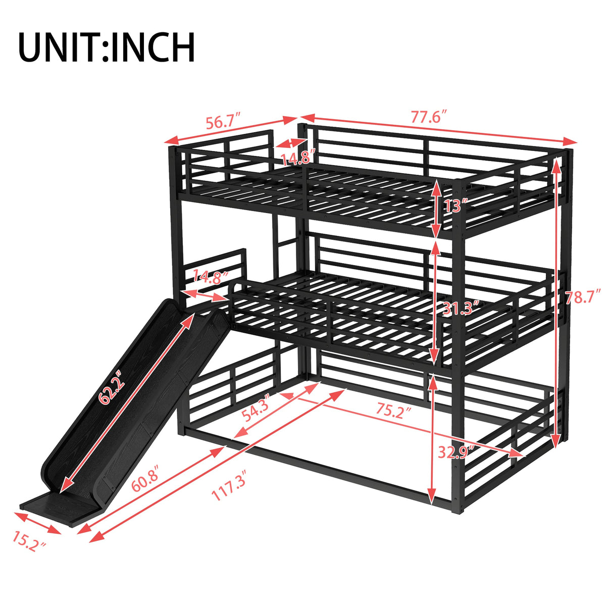 HouseOfZazla full-over-full-over-full bunk bed with slide in black metal frame on Tampa Home & Garden Store