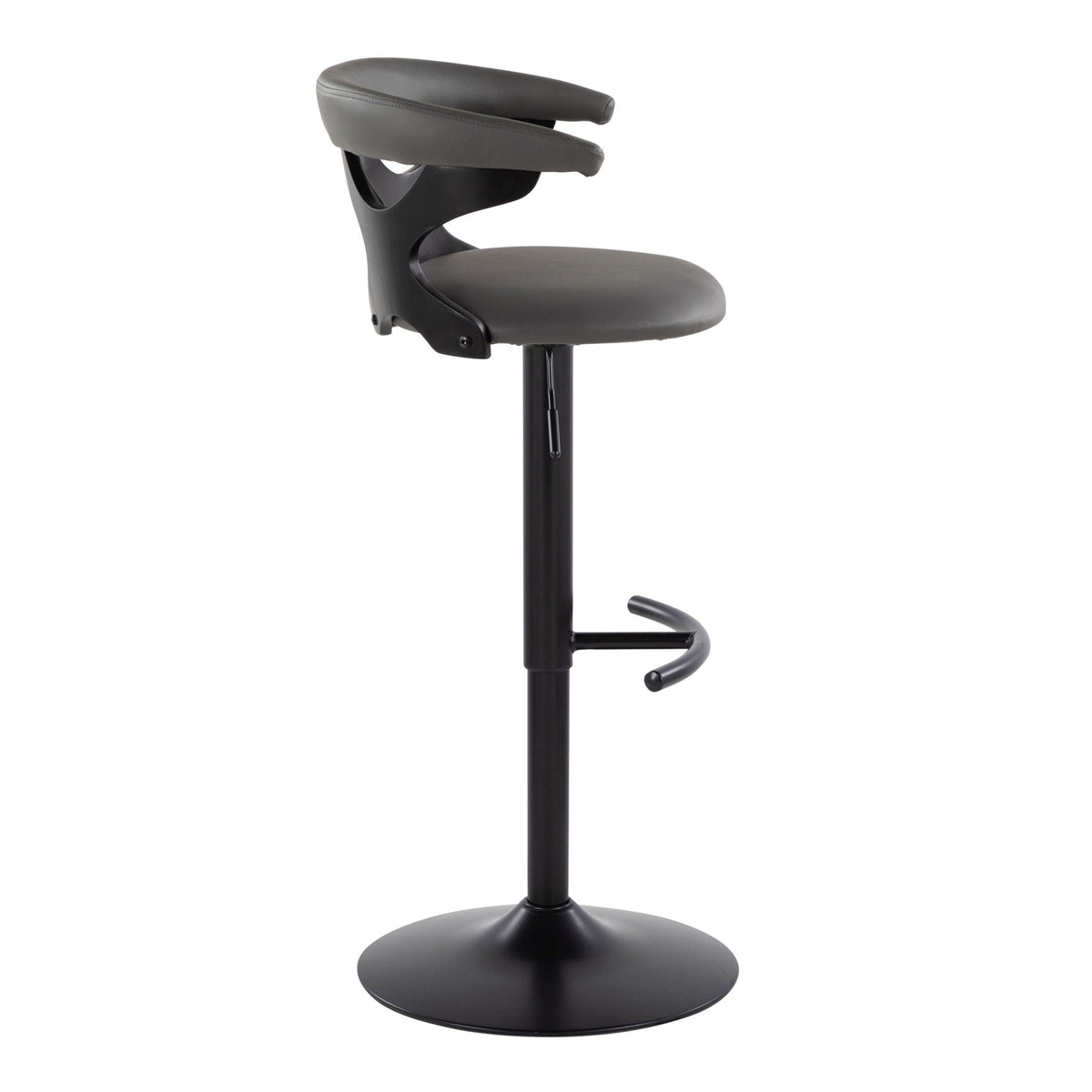 Contemporary adjustable barstool with swivel, gray upholstered seat and back, pedestal base on Tampa Home & Garden Store