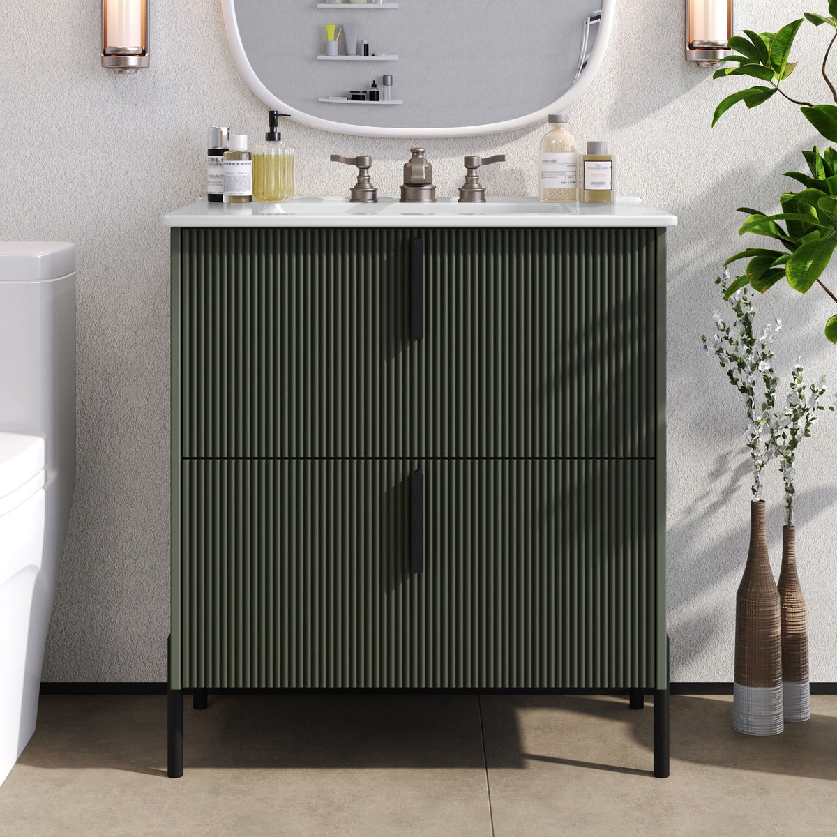 Bathroom vanity with ceramic sink and fluted dark green cabinet white countertop bronze fixtures on Tampa Home & Garden Store