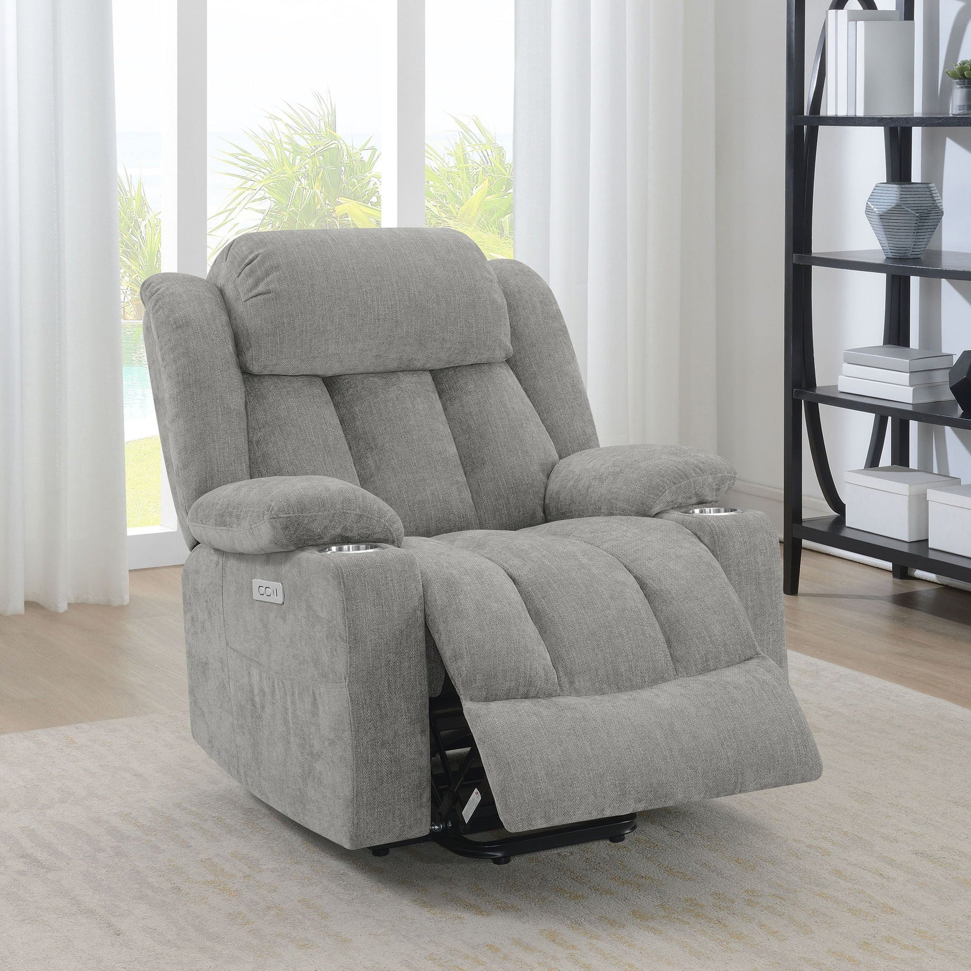 HouseOfZazla Beca power lift recliner in gray upholstery with cupholders and USB charging on Tampa Home & Garden Store