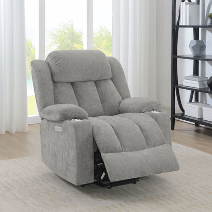 HouseOfZazla Beca power lift recliner in gray upholstery with cupholders and USB charging on Tampa Home & Garden Store