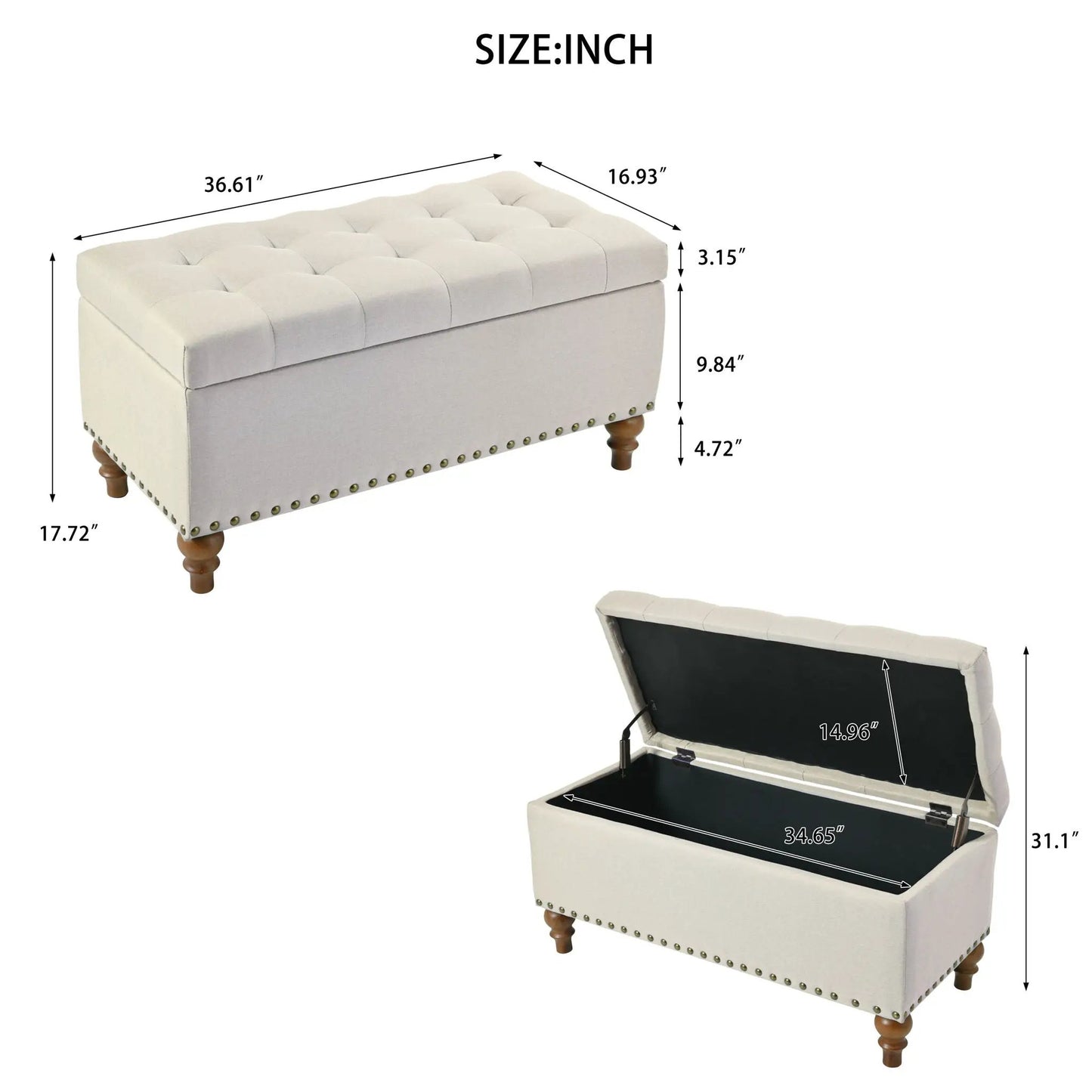 Upholstered Ottoman with Storage and Rivet Trim