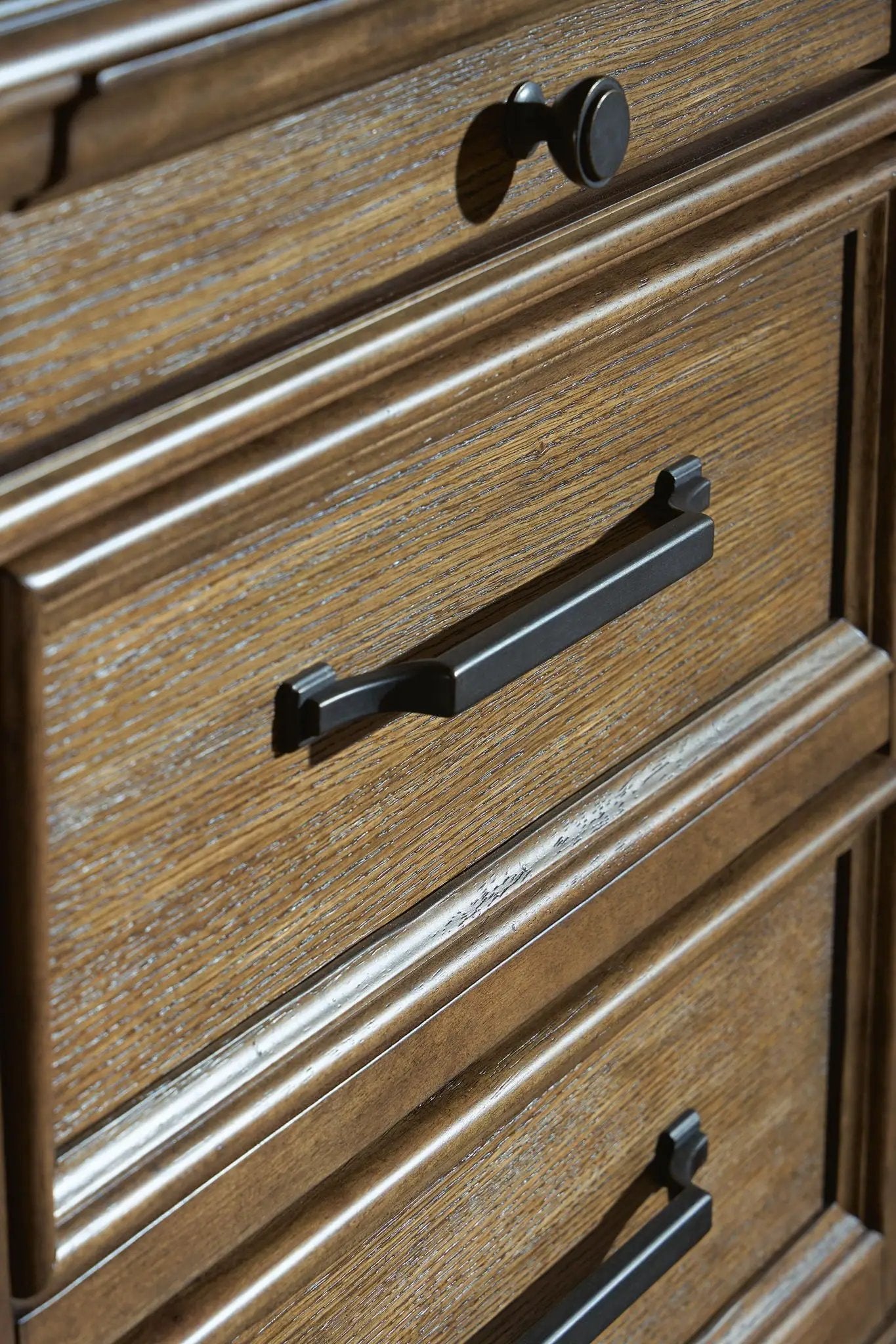 Karallin three-drawer night stand, medium brown, black hardware, Unique Piece Furniture on Tampa Home & Garden Store