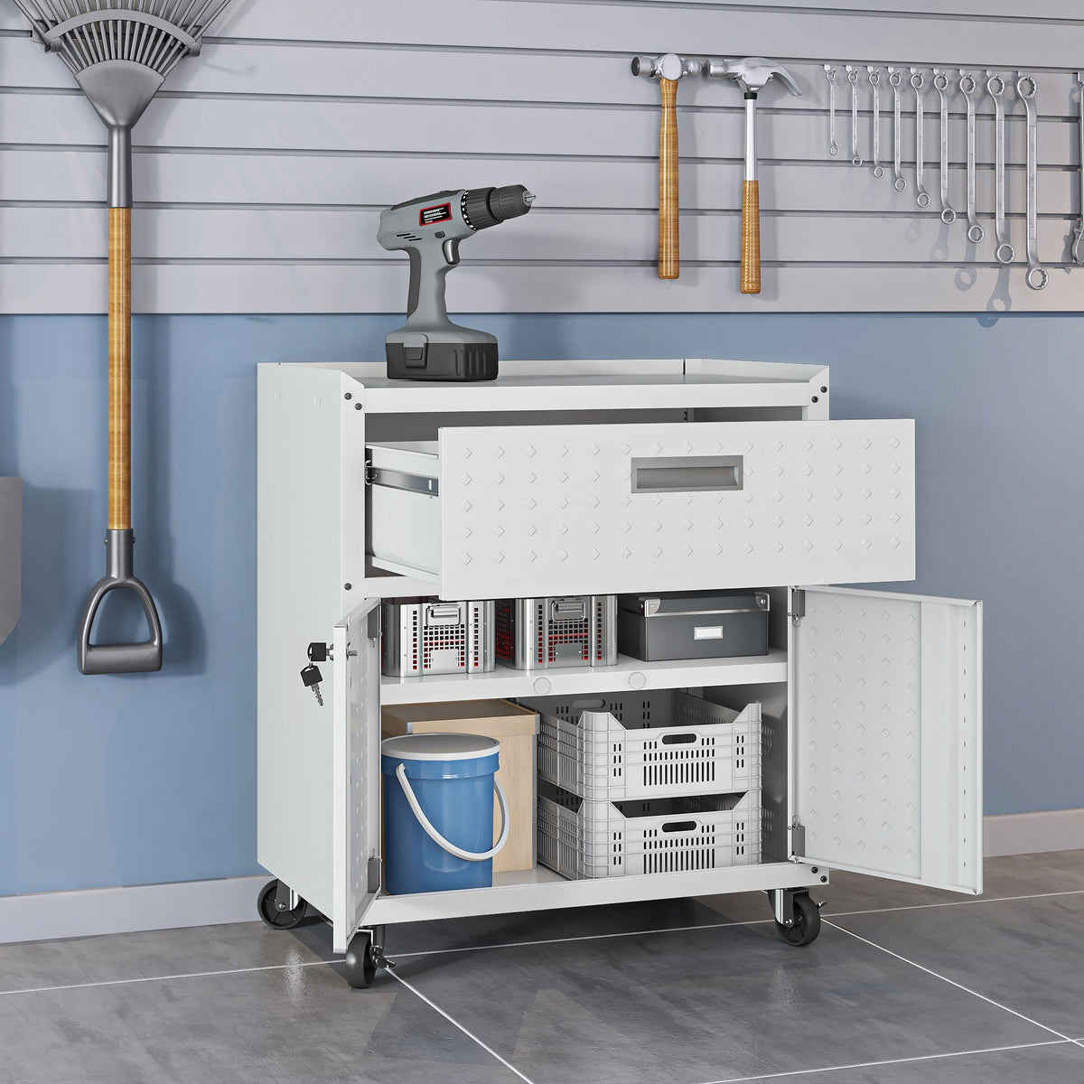 Mobile garage cabinet with locking system in gray, white and dark gray, on casters on Tampa Home & Garden Store