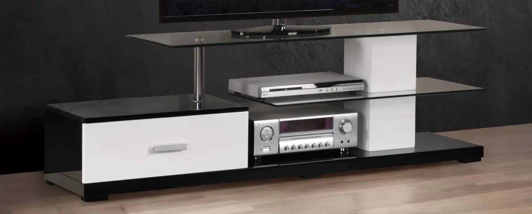 Ivana TV stand by Unique Piece Furniture, white and black with glass shelves and a drawer on Tampa Home & Garden Store