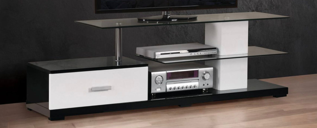 Ivana TV Stand white black with glass shelves and drawer for entertainment center on Tampa Home & Garden Store