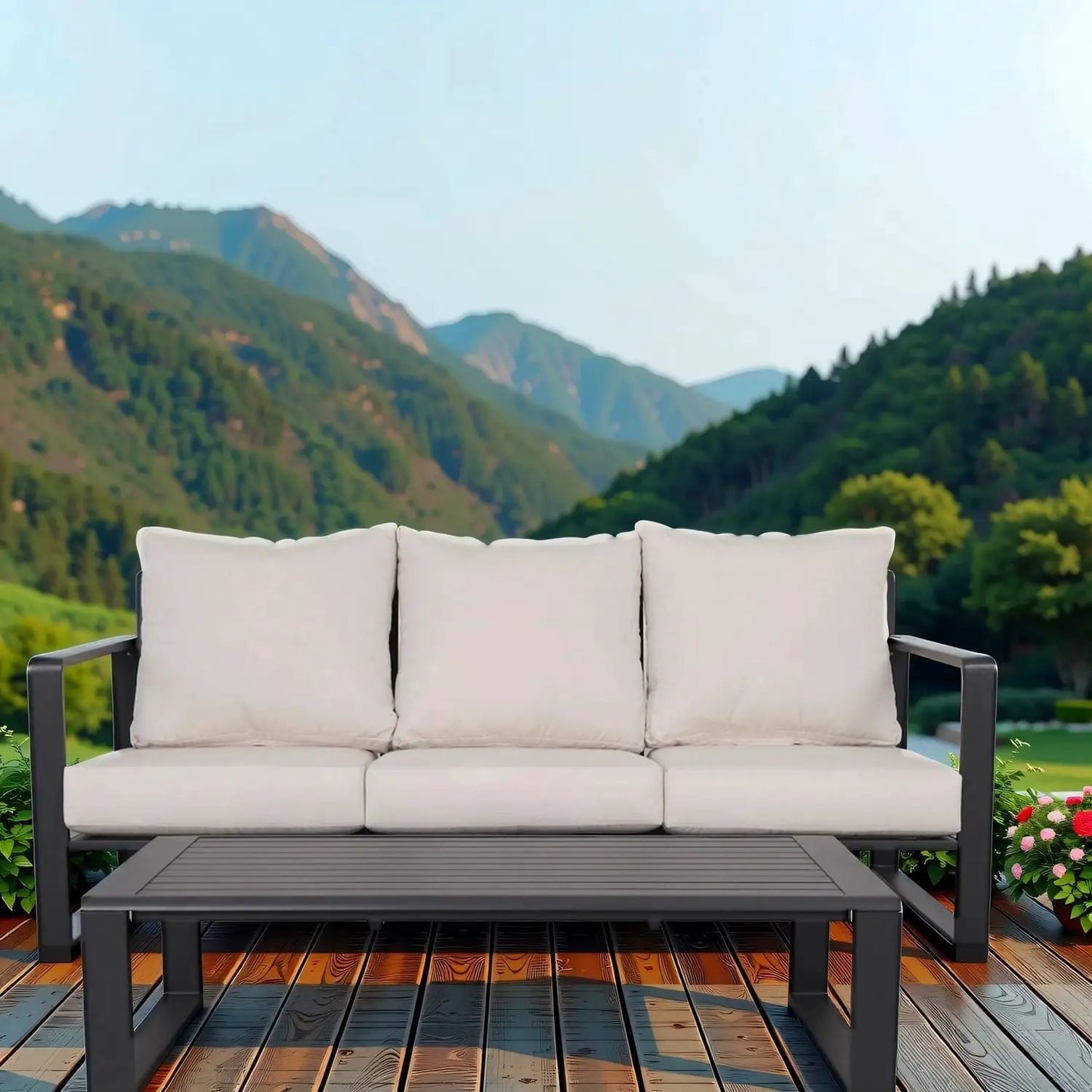 Sofa with rectangular coffee table, beige cushions, dark gray metal frames, 2-piece outdoor set on Tampa Home & Garden Store
