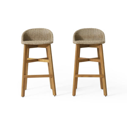 Beeson Outdoor Wicker and Acacia Barstool Set