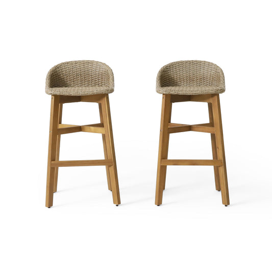 Beeson Outdoor Wicker and Acacia Barstool Set