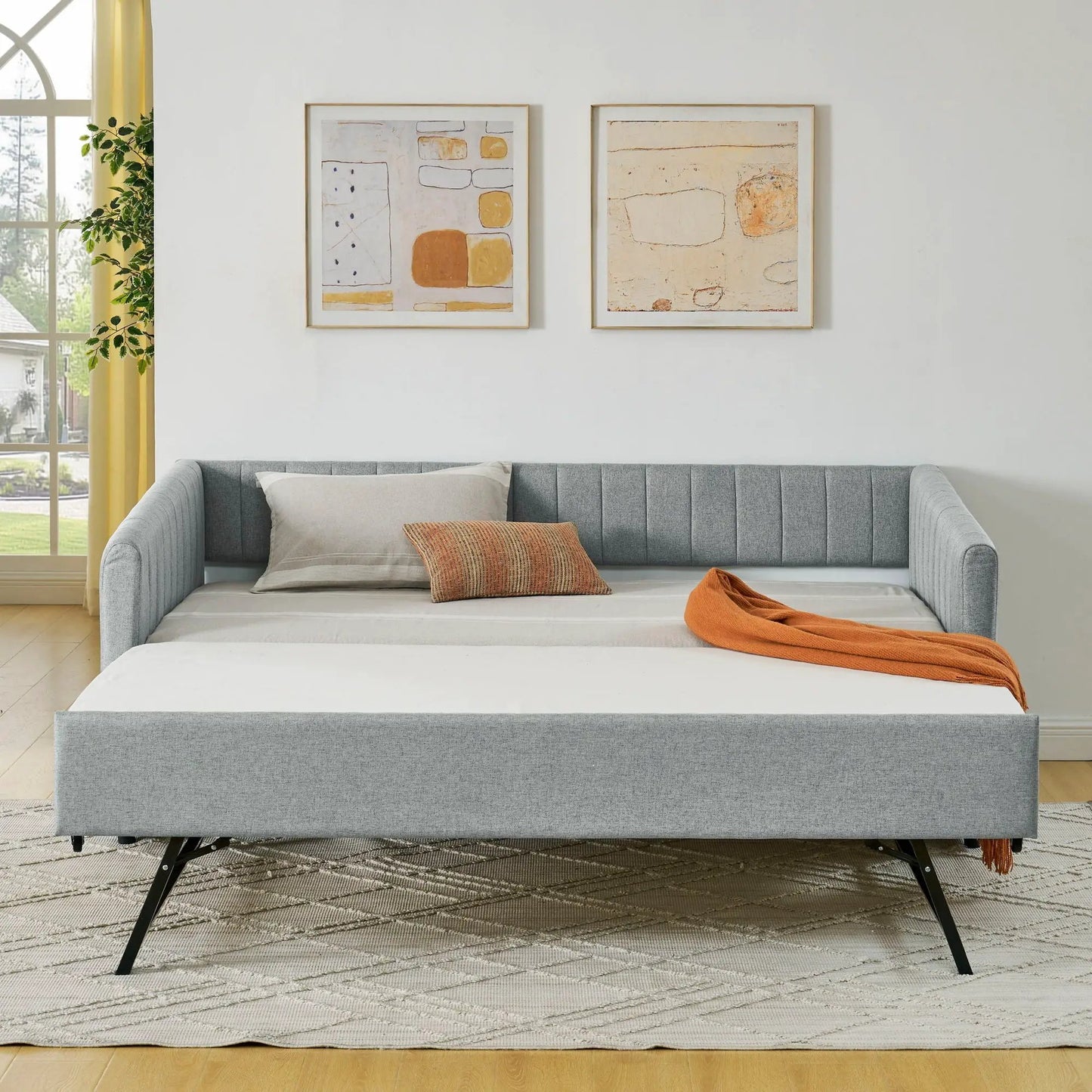 Upholstered daybed with trundle in gray fabric, vertical stripe detailing, Unique Piece Furniture on Tampa Home & Garden Store