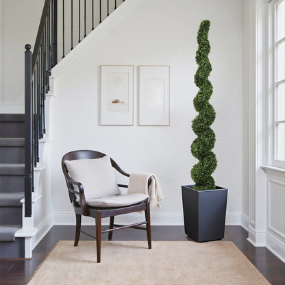 7FT spiral topiary tree artificial boxwood in a tall black square planter for indoor decor on Tampa Home & Garden Store