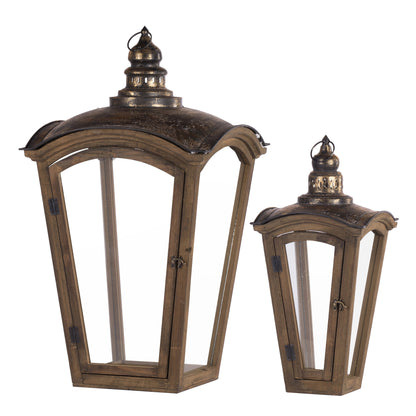 S/2 Coach House Lanterns set of 2 with antique bronze tops, wooden frames and glass panels on Tampa Home & Garden Store
