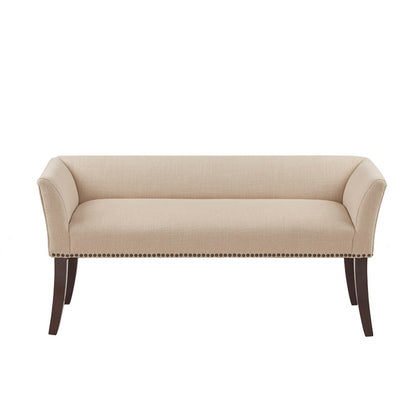 Beige upholstered bench solid wood frame curved arms nailhead trim on Tampa Home & Garden Store