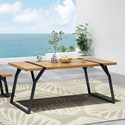 Zora dining table with weather-resistant acacia top and black iron legs outdoor setup on Tampa Home & Garden Store