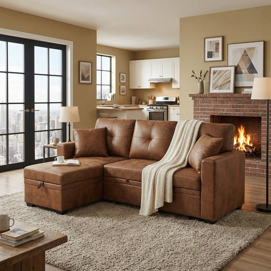 Reversible chaise sleeper sofa by HouseOfZazla in brown faux leather with chaise and pullout bed on Tampa Home & Garden Store
