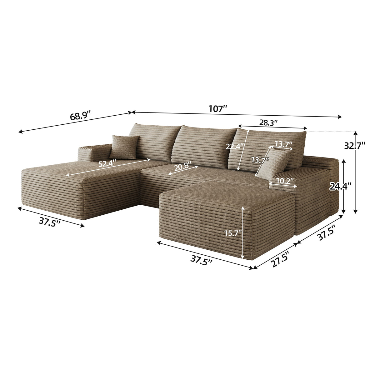 107-inch Cloud Sectional Sofa with Ottoman by HouseOfZazla in brown textured fabric on Tampa Home & Garden Store